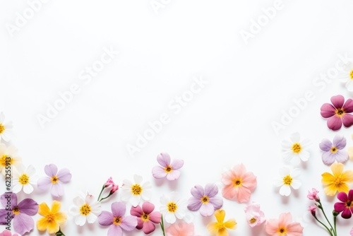 Frame with little colorful flowers on clear white background. Greeting card template for wedding, mothers or womans day. Springtime composition with copy space. Flat lay style