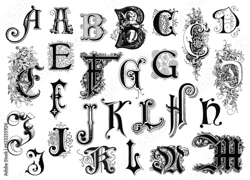 romantic retro alphabet, ornate caps / initials with authentic letterpress print texture isolated over transparency, ideal for wedding stationery, letterheads, book chapter layouts or collage art