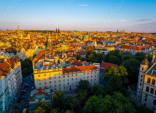 Aerial view of Prague  a capital city of the Czech Republic  is bisected by the Vltava River  Europe