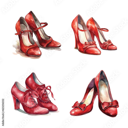  Red shoes vintage watercolor paint.