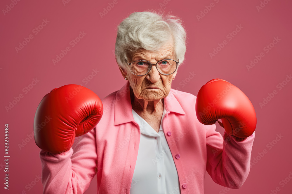 Elderly senior woman wearing red boxing gloves, confident expression ready for fight. Generative AI Elderly senior woman wearing red boxing gloves, confident expression ready for fight. Generative AI