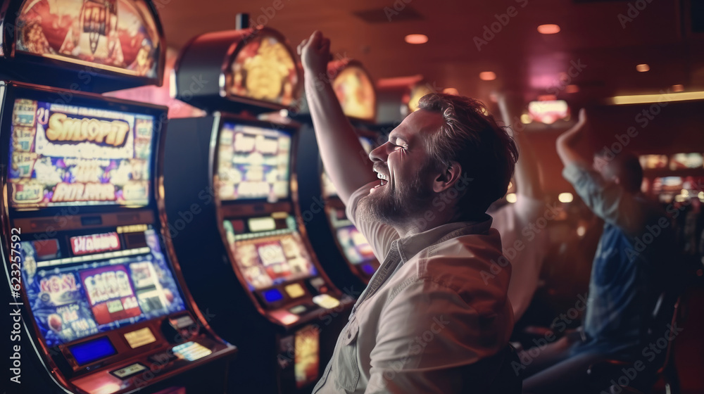 A man rejoices at winning on a slot machine at the casino, raising his hands happily