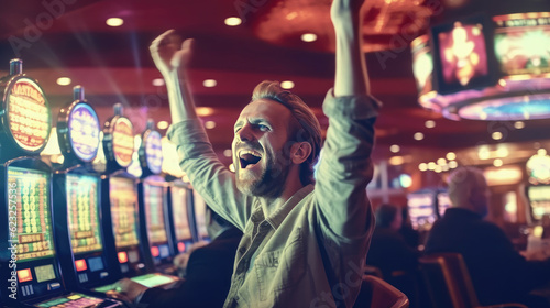 A man rejoices at winning on a slot machine at the casino, raising his hands happily