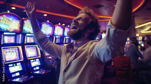 A man rejoices at winning on a slot machine at the casino, raising his hands happily