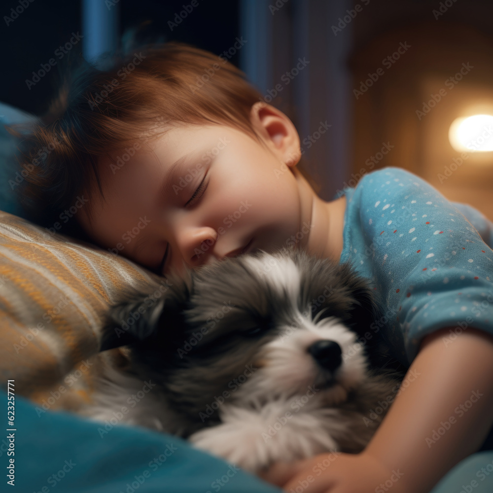 little child sleeping and hugging his pet.Child and dog little child sleeping and hugging his pet.Child and dog
