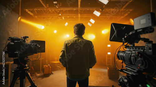 Foto A Cameraman shooting, filming process in the studio film set