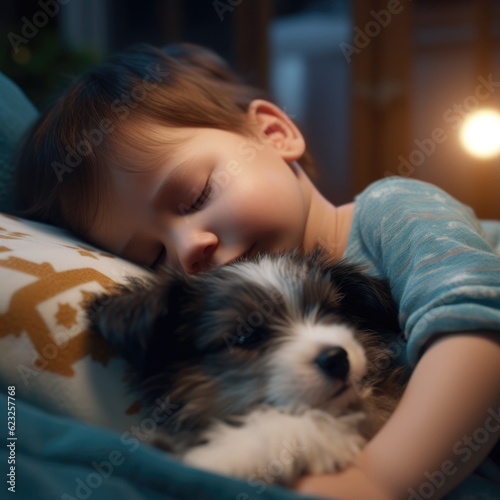 little child sleeping and hugging his pet.Child and dog