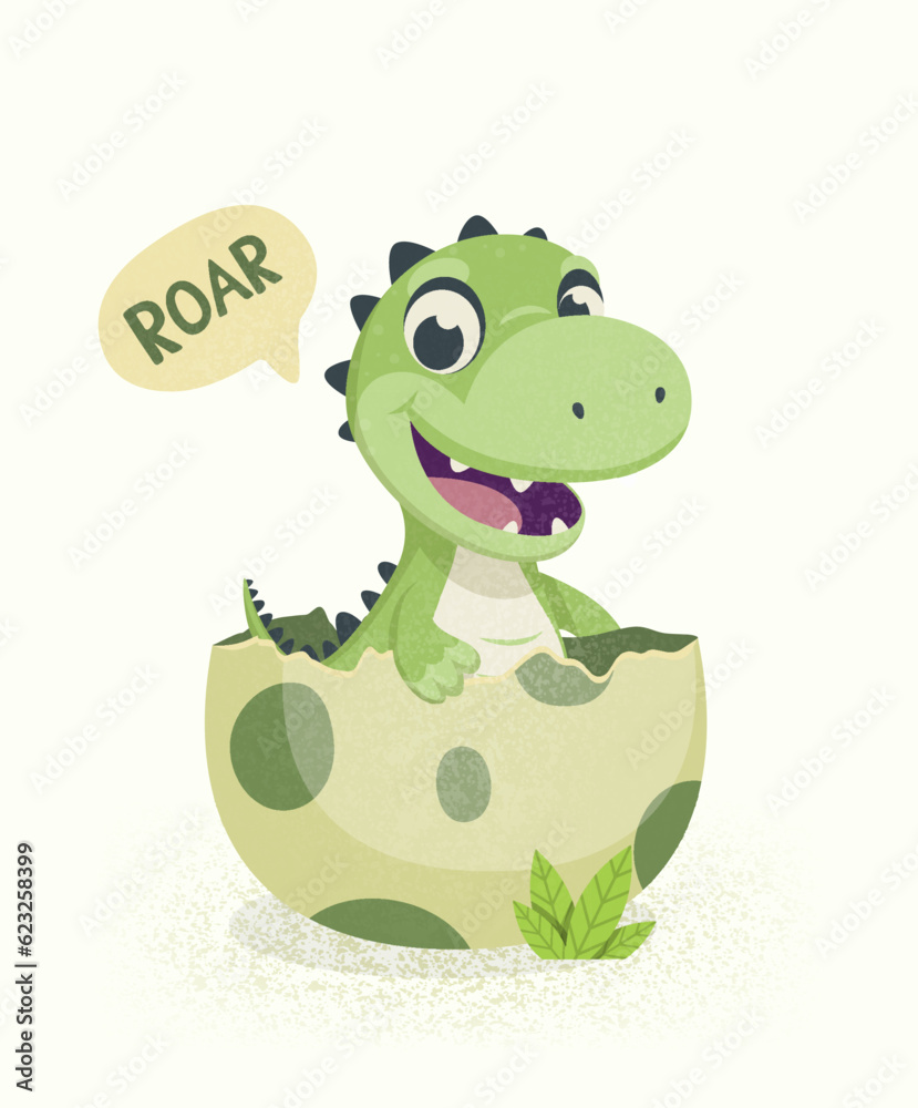 Obraz premium Little Dino. Hatched Little Dinosaur Baby, Child, Kid. Tirannosaur Tirex, Dinosaur Egg. Cartoon T-Rex. Vector Cute and Funny Cartoon Hand Drawn Dinosaur, Children s Illustration, Print for Kids, Card