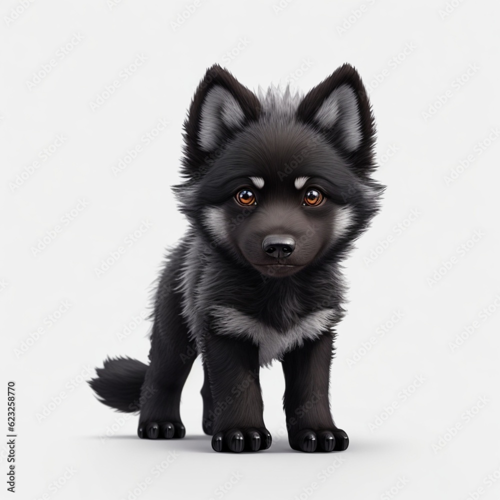 a cute kawaii tiny hyper realistic black baby wolf white background Generative Ai