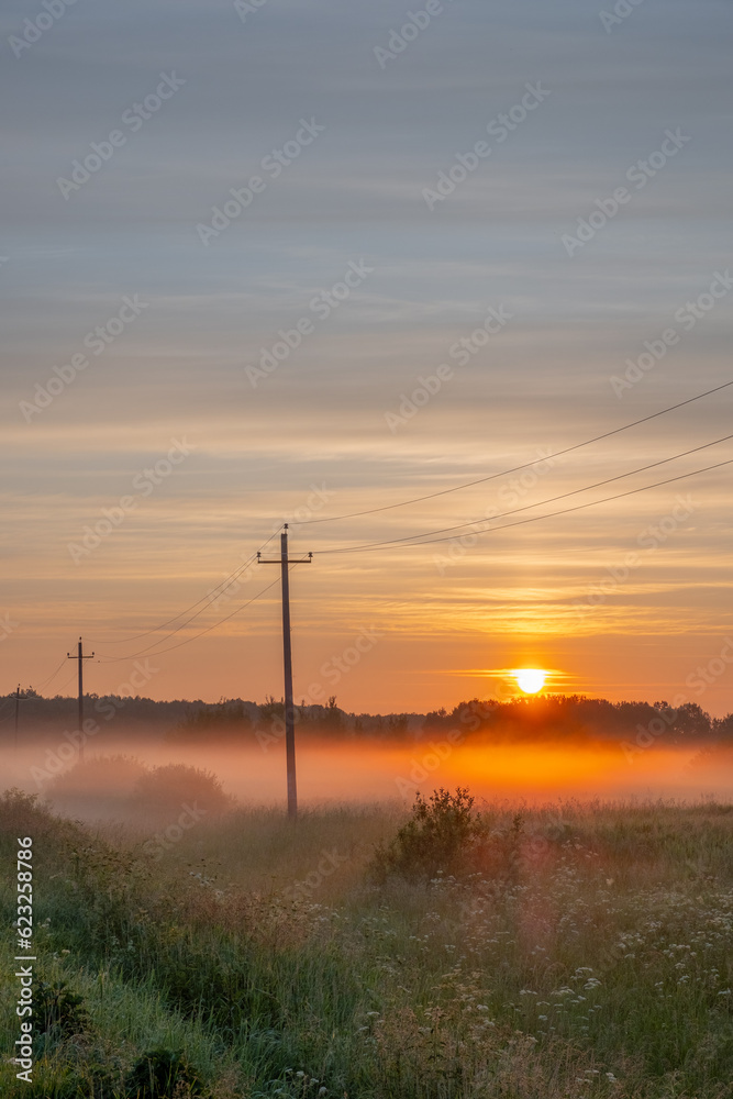 Poles of power lines in dense fog on a meadow against the backdrop of the rising sun on a summer morning.