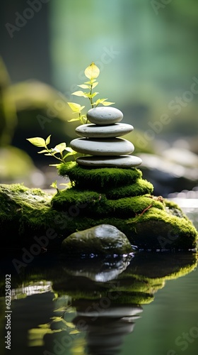 Zen stones stacked on top of each other in nature by the water, Created with Generative AI Technology