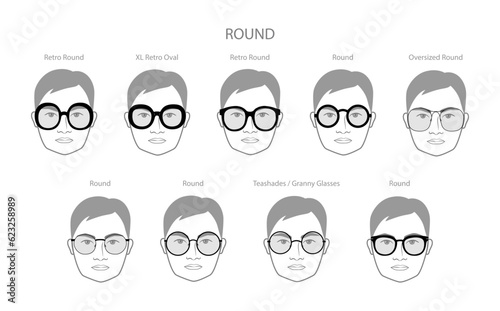 Set of Round frame glasses on men face character fashion accessory illustration. Sunglass front view, unisex silhouette style, flat rim spectacles eyeglasses with lens sketch style outline isolated