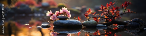 Stacked rocks surrounded by pink flowers and red leaves  on water  symbolizing balance and mindfulness  created with Generative AI technology
