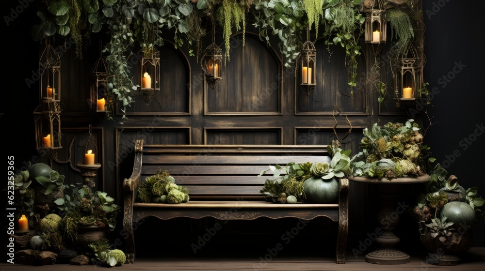 Wooden long bench, vines, accents of intricate small autumn tones succulent arrangement, vines, Dark green newborn photography background 8k