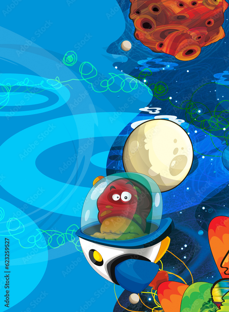 Cartoon funny colorful scene of cosmos galactic alien ufo isolated illustration for children Cartoon funny colorful scene of cosmos galactic alien ufo isolated illustration for children