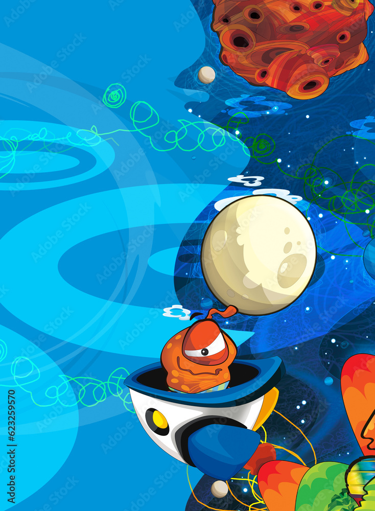Cartoon funny colorful scene of cosmos galactic alien ufo isolated illustration for children Cartoon funny colorful scene of cosmos galactic alien ufo isolated illustration for children