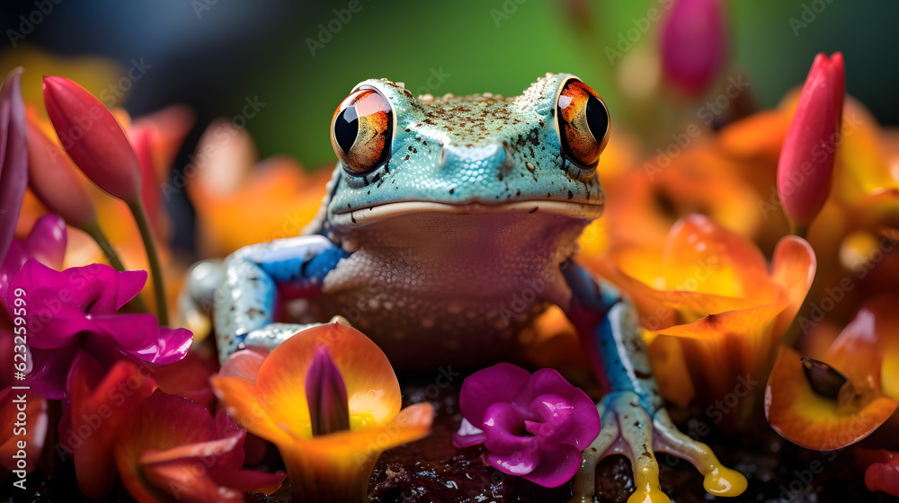 Colorful rainforest frog with exotic flowers (Generative AI)