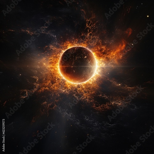 A stylized view of a total solar eclipse.