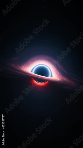 Giant black hole in outer space. Vertical 3d animation astrology wide shot. Interstellar wormhole as a dark star with swirling aura of cosmic nebula gas orbiting the singularity at high temperature