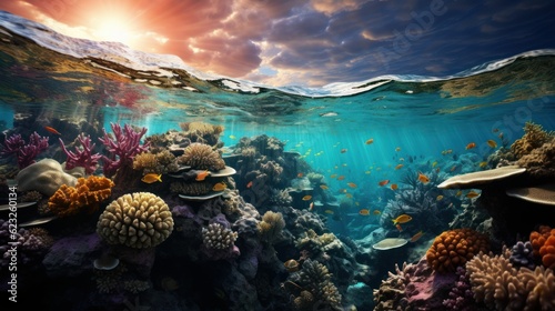 Underwater seascape, sunlight through water surface with coral reef on the ocean floor, natural scene, Pacific ocean, French Polynesia 