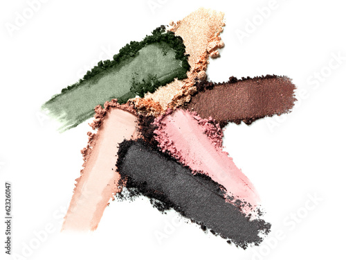 Eyeshadow composition green pink nude gold brown isolated on white background. Cosmetic product swatch photo