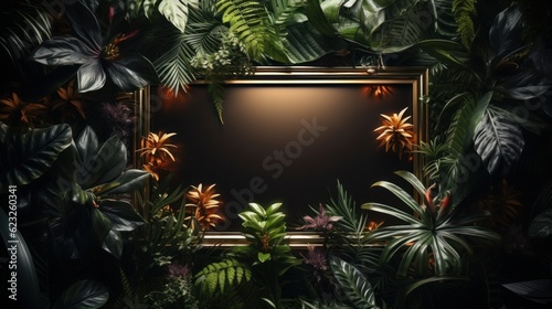 Tropical Leaves Illuminated with Fluorescent Light. Nature Environment with Rectangle shaped Neon Frame