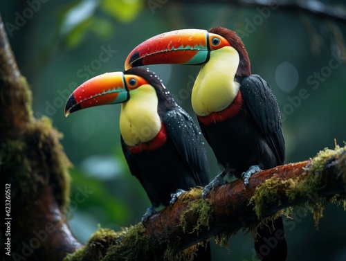 Toucan sitting on the branch in the forest, green vegetation, Costa Rica. Nature travel in central America. Two Keel-billed Toucan, Ramphastos sulfuratus, pair of bird with big bill. Wildlife © Dushan