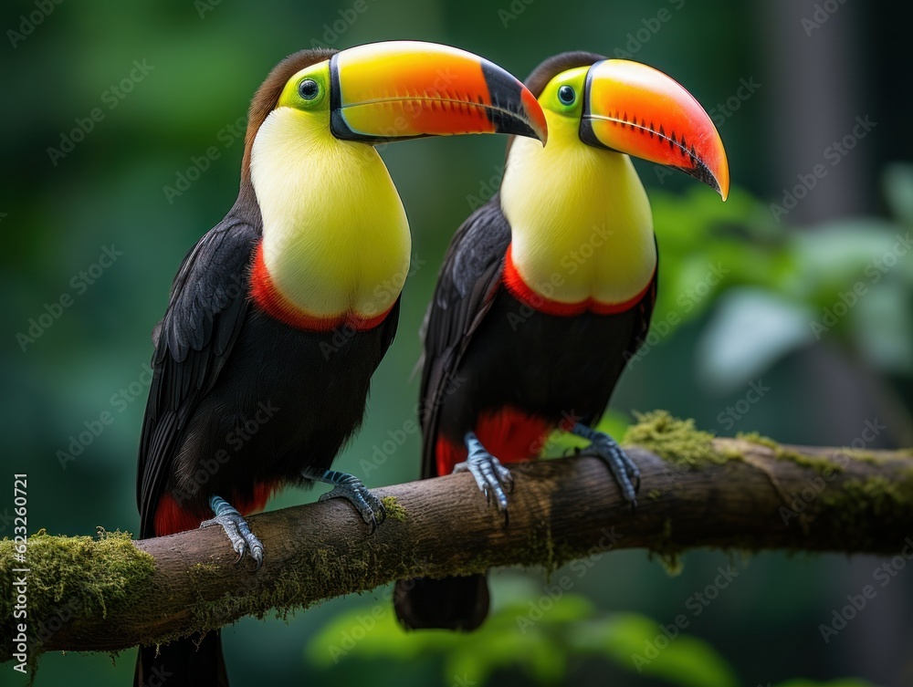 Obraz premium Toucan sitting on the branch in the forest, green vegetation, Costa Rica. Nature travel in central America. Two Keel-billed Toucan, Ramphastos sulfuratus, pair of bird with big bill. Wildlife