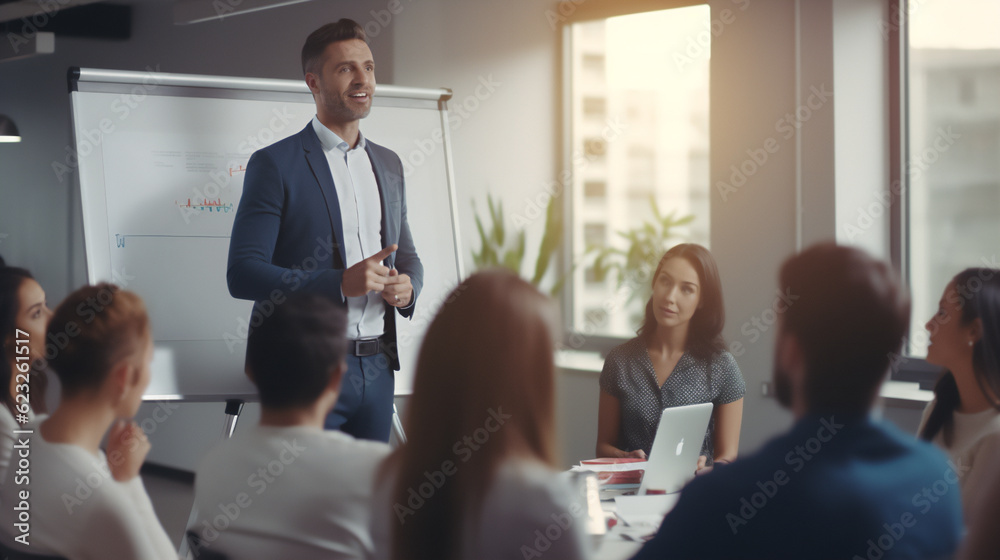 Confident Coach or Speaker Executive pointing at flip chart  in coworking space during corporate training or seminar . Ai generative - obrazy, fototapety, plakaty 
