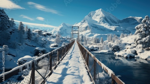 Suspension bridge on Mt. Titlis in wintertime. The Titlis is a mountain located on the border between the Swiss cantons of Obwalden and Bern, mainly accessed from the town of Engelberg photo