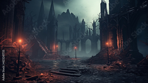 Gloomy Gothic ruins in the style of gloomy fantasy