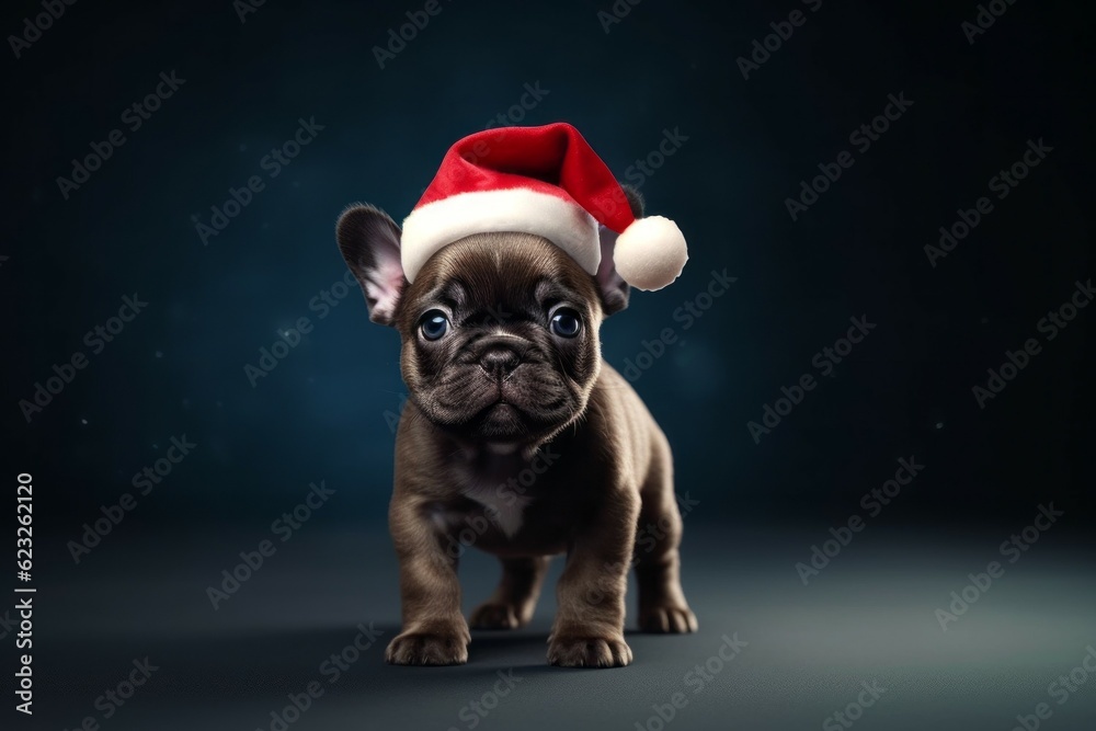 Cute puppy in Santa Claus hat or christmas red cap. French Bulldog dog. AI generated, human enhanced