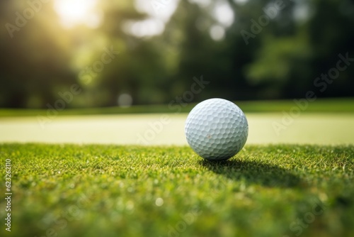 Golf ball on artificial turf. Background with selective focus and copy space