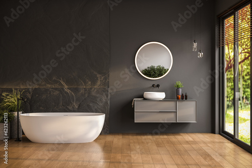 Modern bathroom interior with white bathtub and chic vanity  black walls  parquet floor.