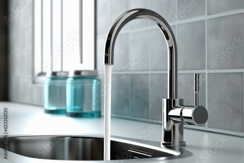 Close-up of a kitchen faucet with running water. Modern kitchen interior design concept. AI generated  human enhanced