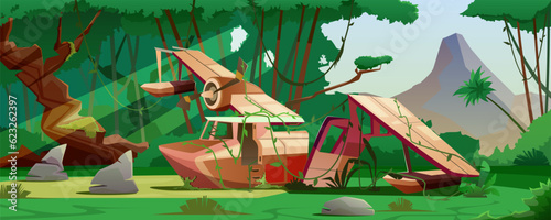 Crashed plane in the jungle. Plane crash, broken fuselage of a hydroplane in a tropical forest. Rainforest, lawn, highlands with a peak, lost world. Discovery, adventure, cartoon vector illustration.