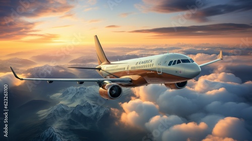 Passengers commercial airplane flying above clouds in sunset light. Concept of fast travel  holidays and business