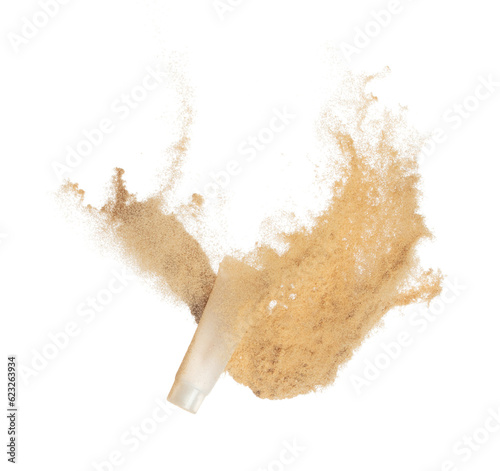 Cosmetic container white bottle fly splashing in mid air. Moisturizer lotion cream bottle explosion flying with sand powder dust under dry sun. White background isolated high speed shutter freeze