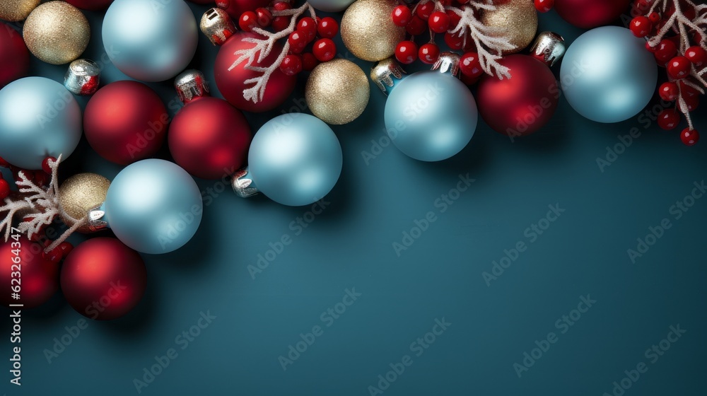 A Christmas background with open space. Red and white decorations on a blue background. Generative AI. 