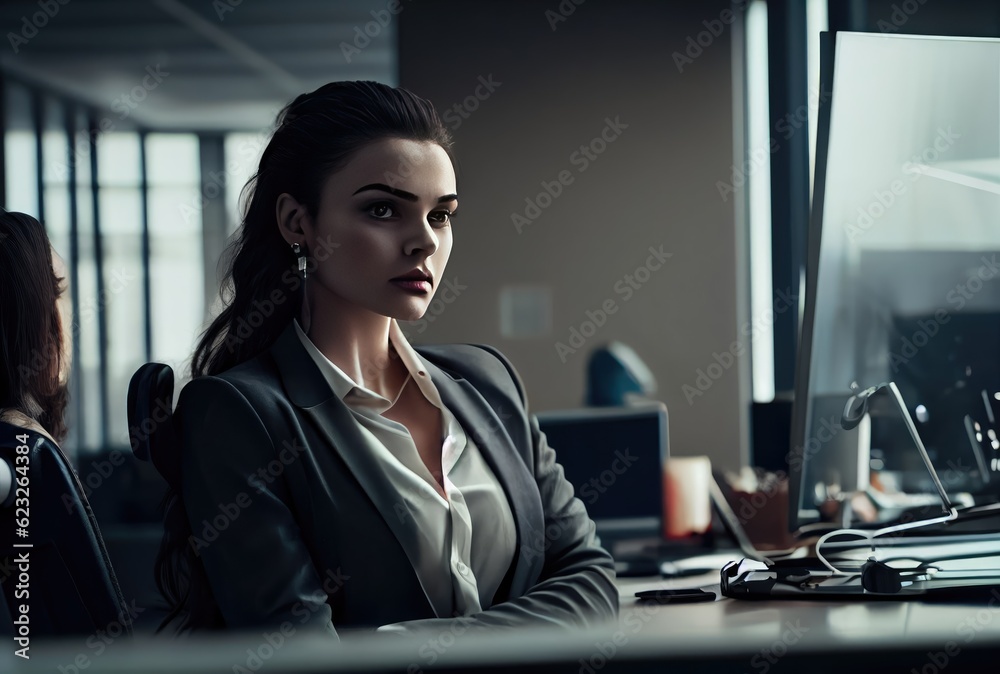 A woman working at a desk in an office building, concentrating on her computer monitor. Generative AI A woman working at a desk in an office building, concentrating on her computer monitor. Generative AI