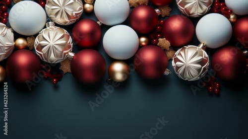 A Christmas background with open space. Red and white decorations on a blue background. Generative AI. 