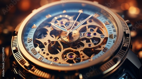 Mechanism, clockwork of a watch with jewels, close-up. Vintage luxury background. Time, work concept