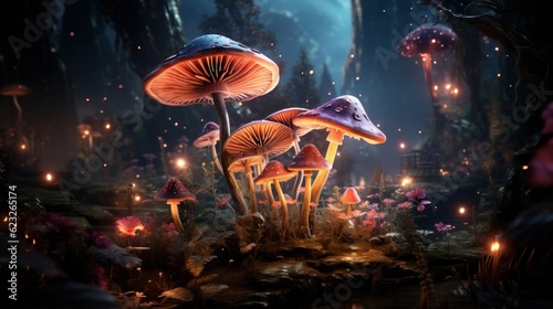 Magical fantasy mushrooms in enchanted fairy tale dreamy elf forest with fabulous fairytale blooming pink rose flower and butterfly on mysterious background,