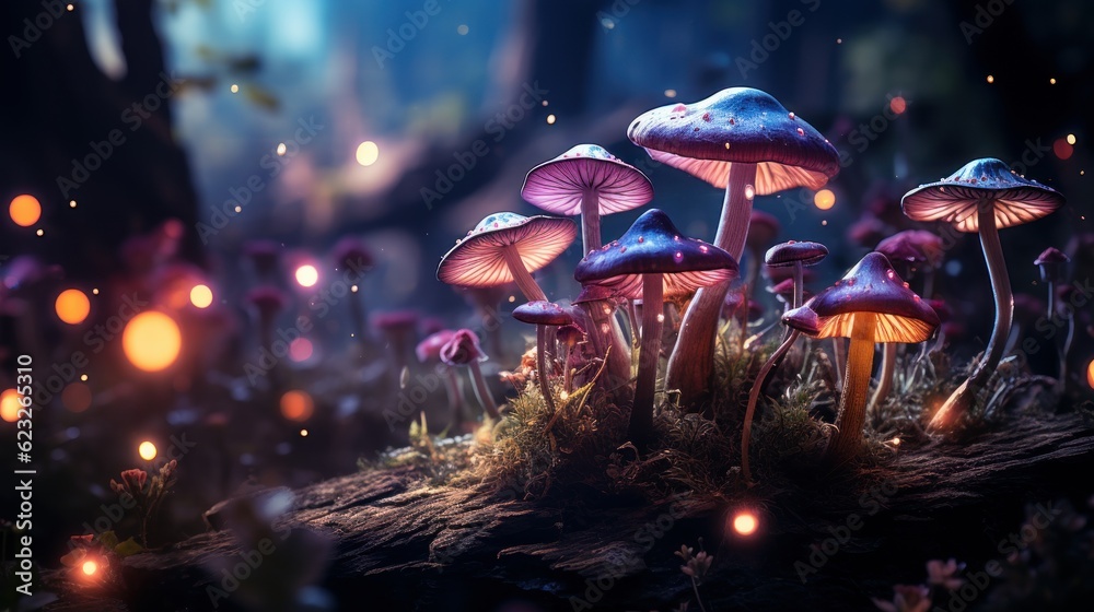 Magical fantasy mushrooms in enchanted fairy tale dreamy elf forest ...