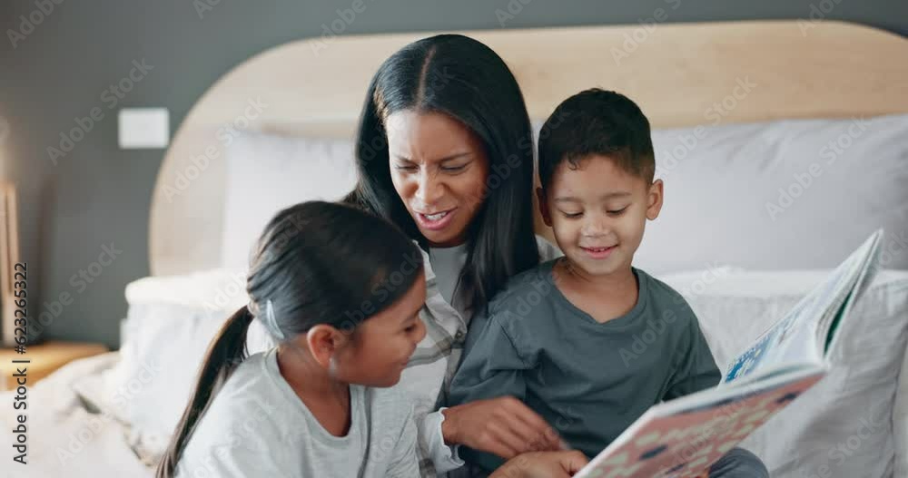 Bed, mother and children reading, relax and education with bonding, happiness and fantasy. Female parent, mama and mom with kids, bedroom and creative with joy, learning and quality time together Bed, mother and children reading, relax and education with bonding, happiness and fantasy. Female parent, mama and mom with kids, bedroom and creative with joy, learning and quality time together