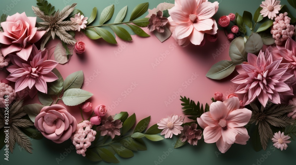 Green plants with flowers summer concept template for your text or design on pink paper background. Flat lay Top view with copy space Green plants with flowers summer concept template for your text or design on pink paper background. Flat lay Top view with copy space