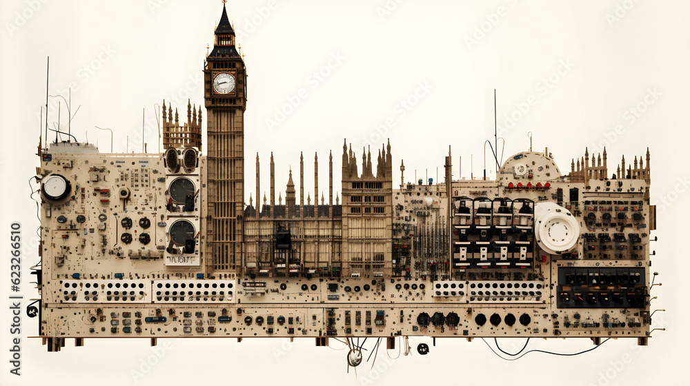 Fototapeta premium Technological Metropolis: Miniature London Crafted from Circuits and Components - generative ai