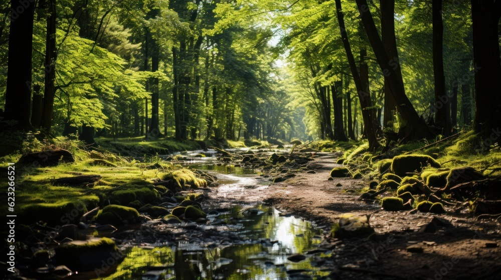 Obraz premium green forest background in a sunny day