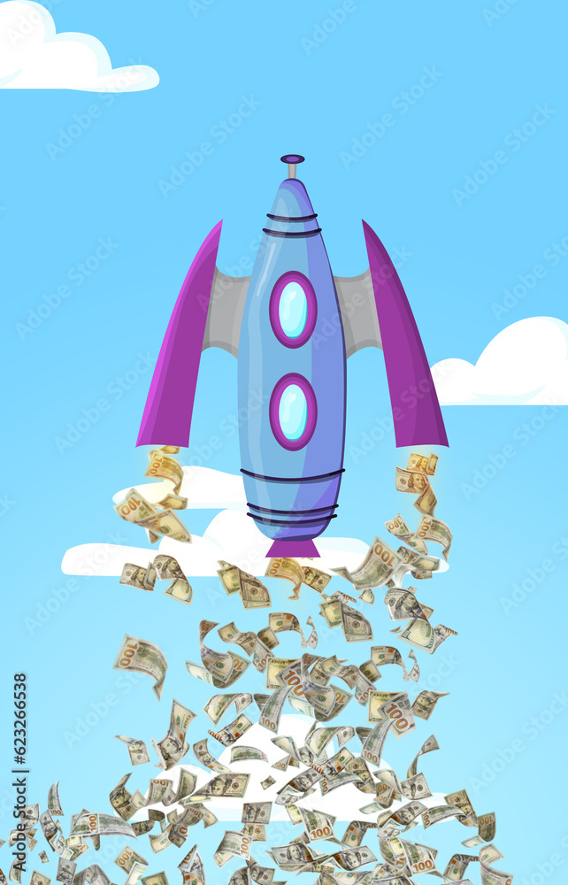 Business startup. Money falling from flying rocket in blue sky, illustration Business startup. Money falling from flying rocket in blue sky, illustration