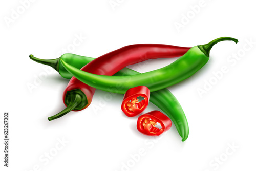 3d red and green chili vector concept Full Vector